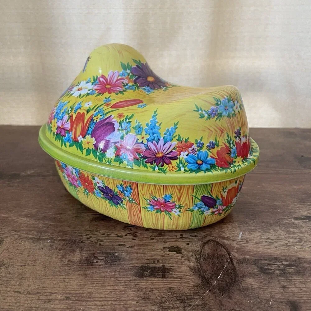 Vintage Ullman Easter Candy Container Duck on Nest Yellow Floral Molded Plastic